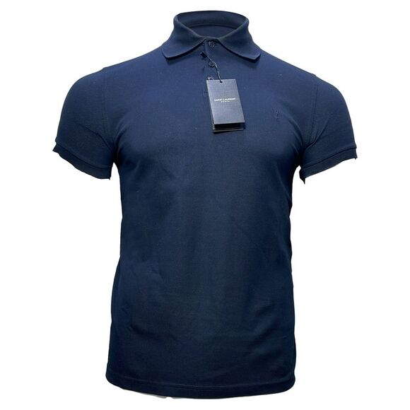 Saint Laurent Cassandre Embroidered-Logo Polo Shirt in Navy Blue Cotton
